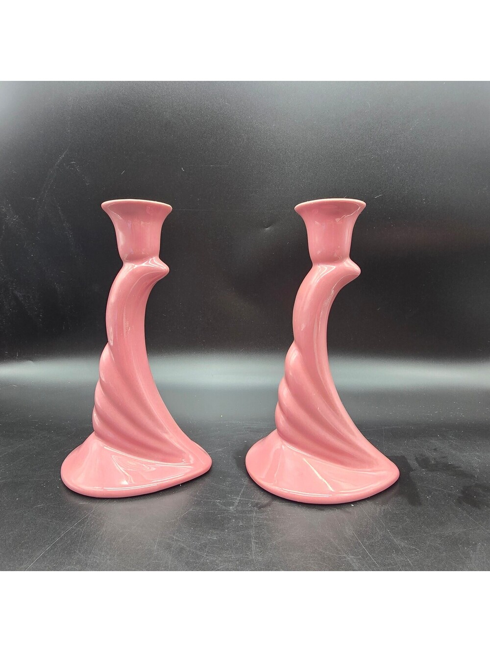 Vintage 1992 Royal Haeger Mauve Pink Ceramic Swirl Candlestick Holders #422